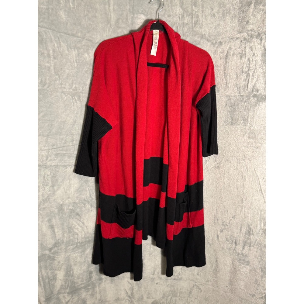 Zenergy by Chicos Red Black Striped Open Front Cardigan Cashmere Blend L/XL